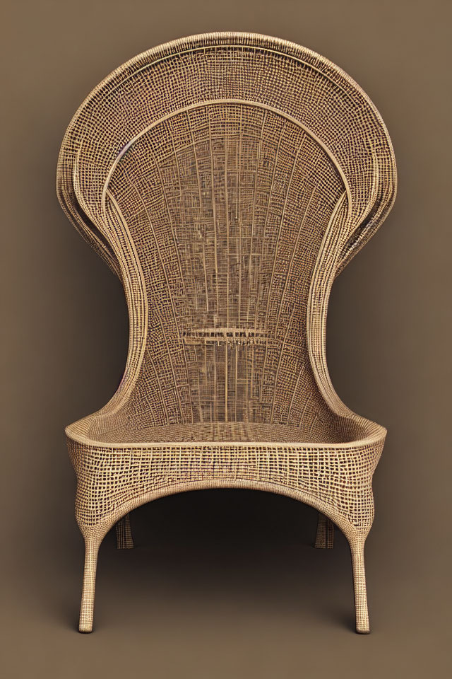 Intricately woven wicker chair with high, rounded backrest