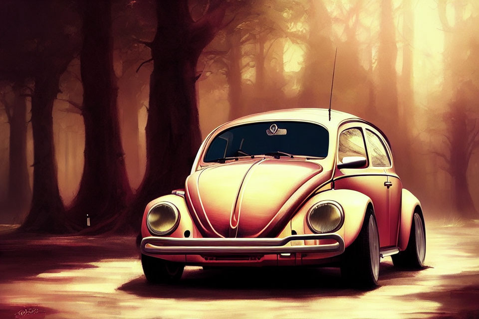 Vintage Volkswagen Beetle in Warm Forest Setting