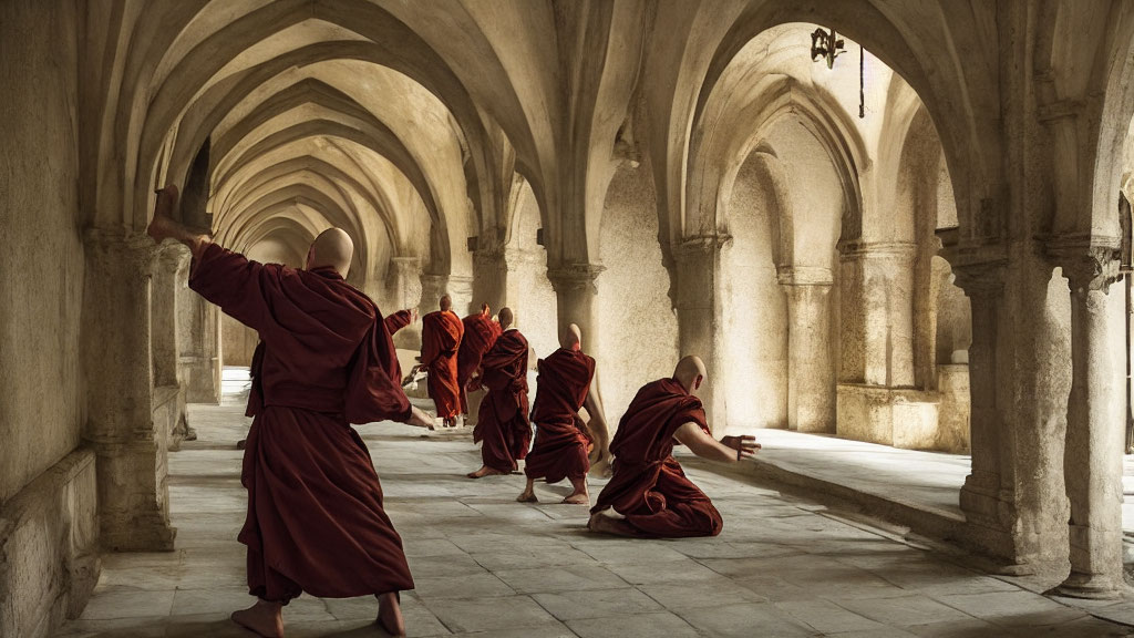 Maroon-robed monks walking in ancient sunlit corridor