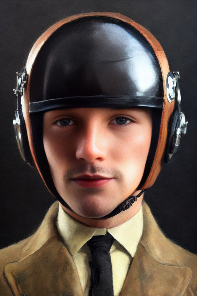 Young man with mustache in vintage pilot helmet and goggles, brown leather jacket on black background