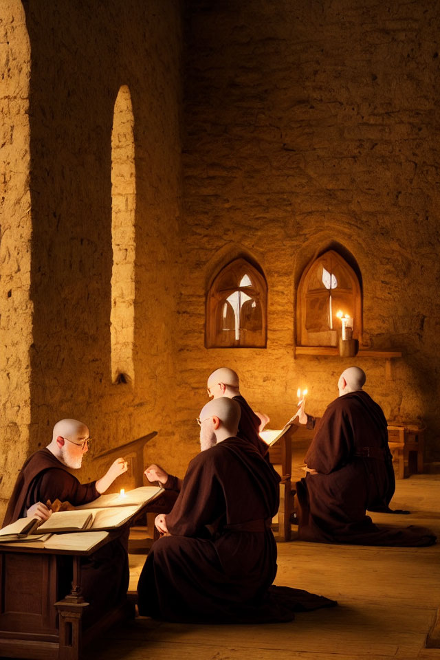 Brown-robed monks reading and writing by candlelight in stone room