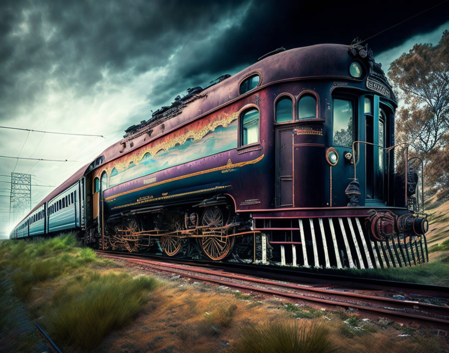 Vintage Train with Ornate Blue and Maroon Carriages on Tracks in Moody Sky