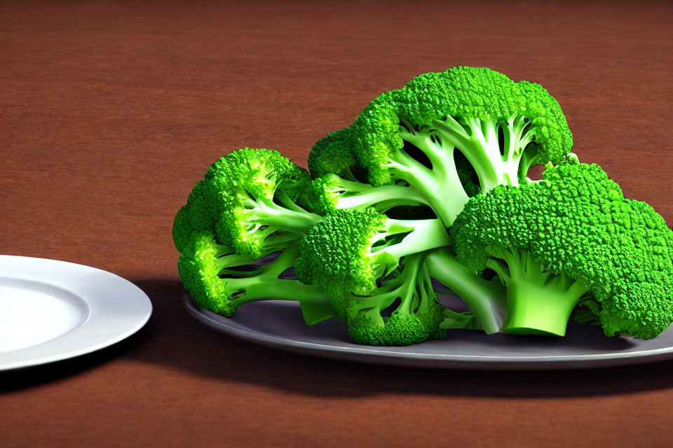 Green broccoli florets on dark plate with white dish on wooden table