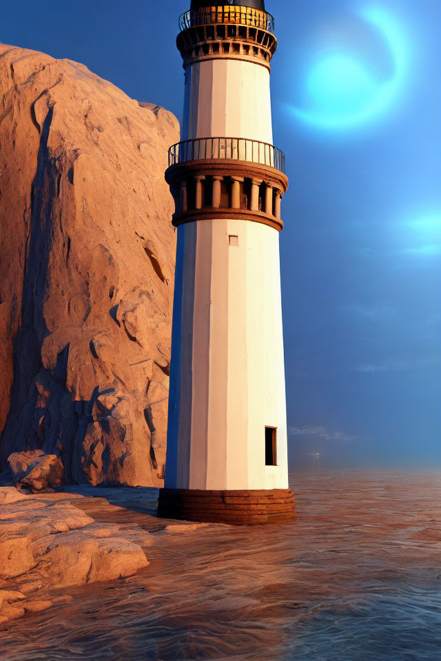 White lighthouse on rocky shoreline under deep blue sky with glowing crescent-shaped celestial body