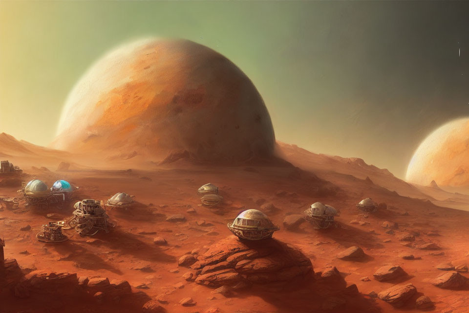 Red Martian landscape with habitation pods under large planet in sky