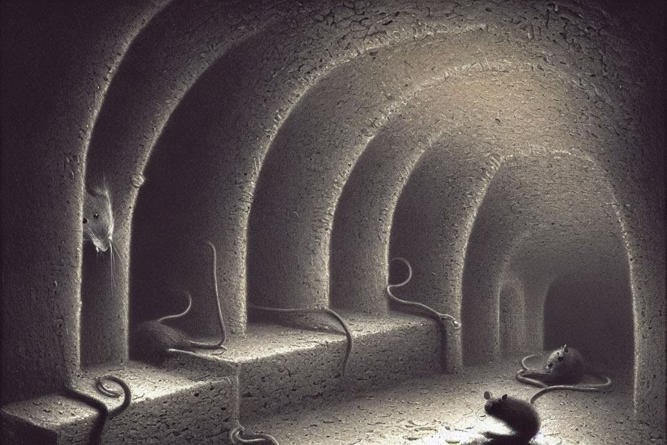 Surreal subterranean scene with arched tunnels and mice in unique positions