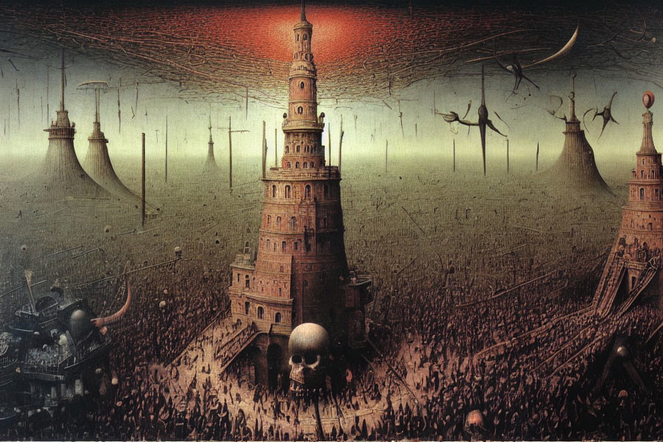 Surrealist painting of massive tower, crowd, flying machines, and ominous sky