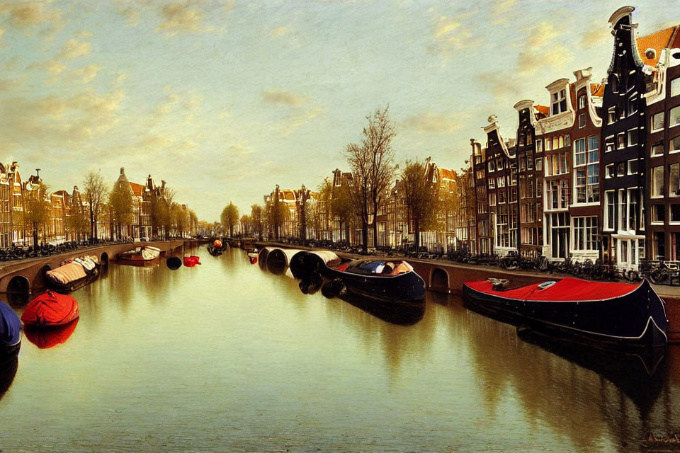 Canal in Amsterdam at Dusk with Boats and Dutch Buildings