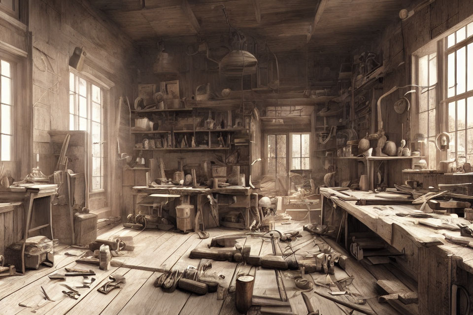 Rustic woodworking shop with tools, workbenches, and wooden creations in warm light