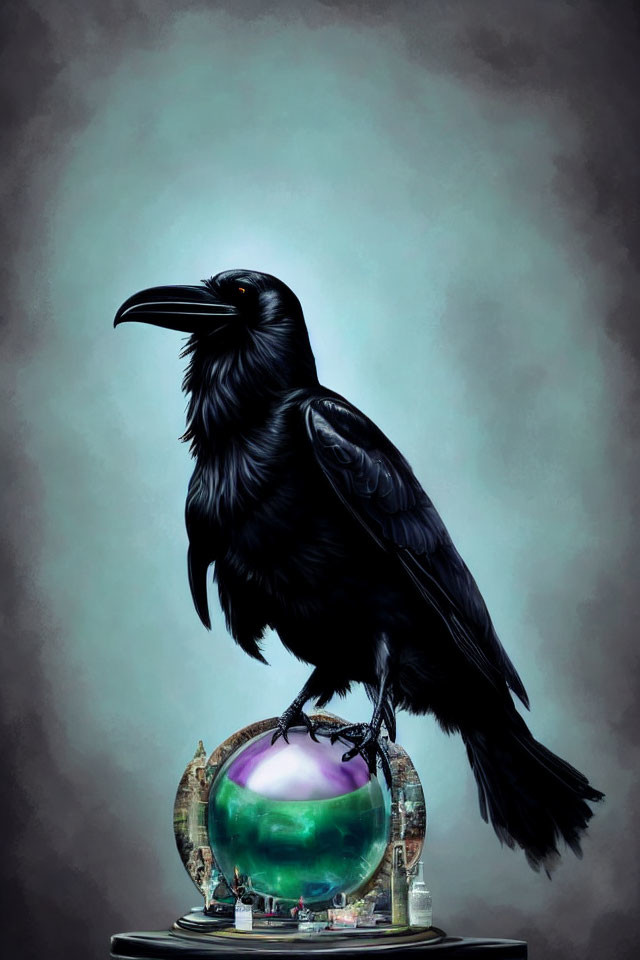 Black Raven on Glass Orb with Brass Framework and Vintage Books on Teal Background