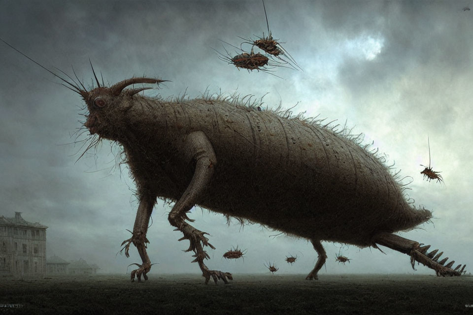 Surreal image of oversized, hairy creature with goat-like horns in desolate landscape