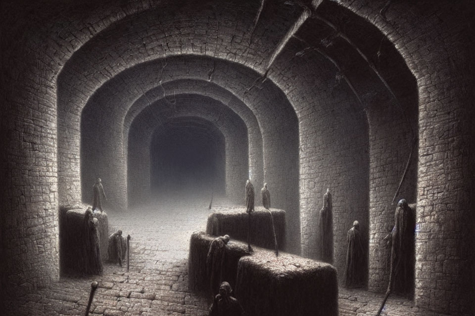 Mysterious ceremony in dimly lit underground vault