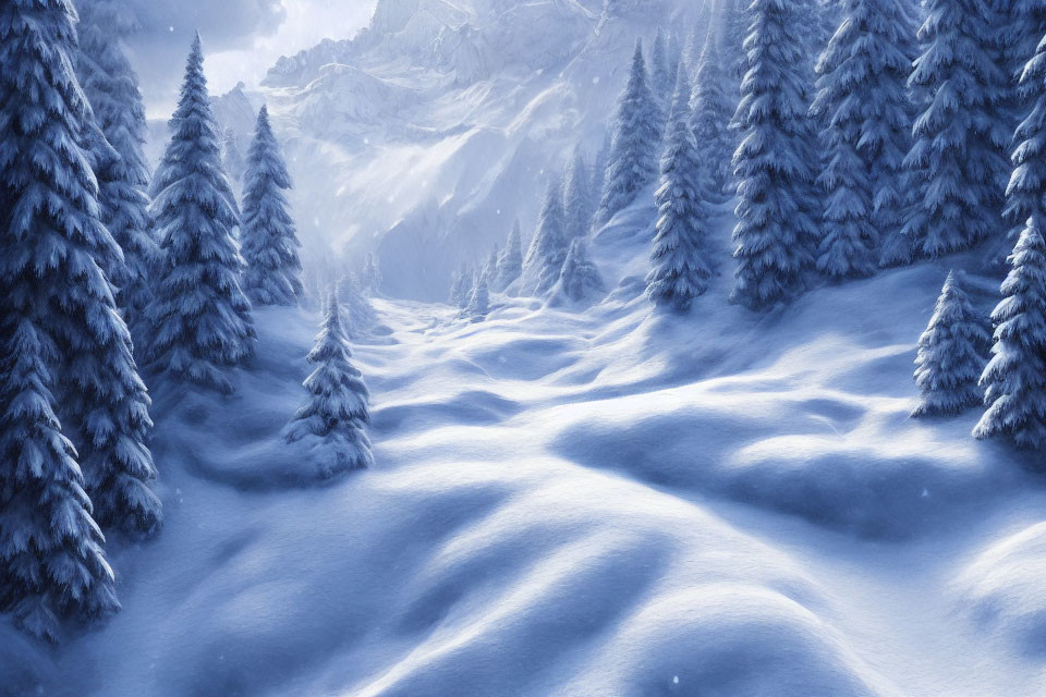 Snowy landscape with evergreen trees and rolling hills in winter.