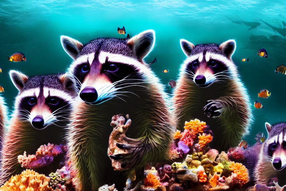 Four curious raccoons in vibrant underwater scene with coral and fish.