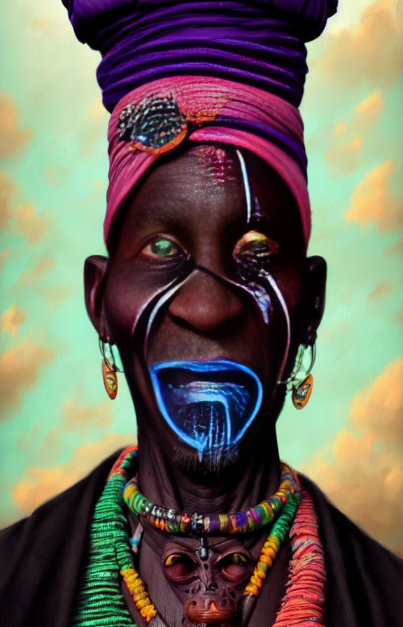 Colorful Turban and Face Paint Portrait Against Cloud Background