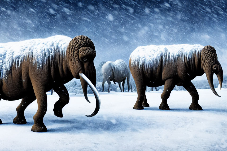 Snowy fur mammoths roaming wintry landscape under cloudy sky