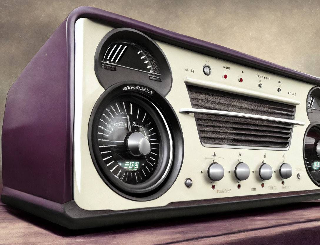 Vintage-Style Radio with Modern Digital Display in Purple and Cream Case
