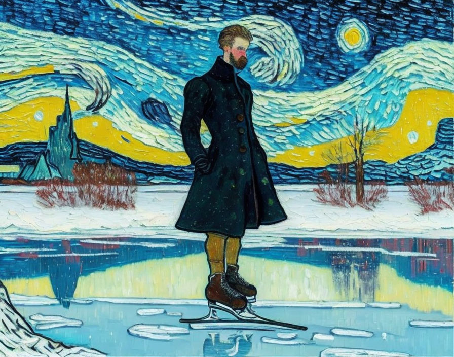 Person ice skating under starry night sky with crescent moon