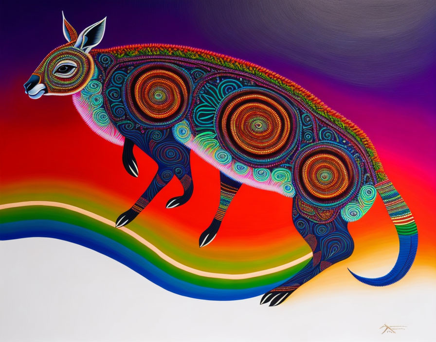 Colorful Kangaroo Painting with Circular Patterns Leaping Over Rainbow