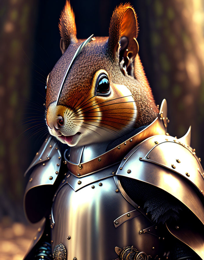 Detailed Medieval Armor-Wearing Squirrel in Forest Scene