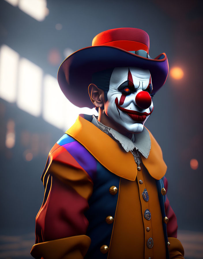 Sinister 3D-rendered clown in vibrant costume