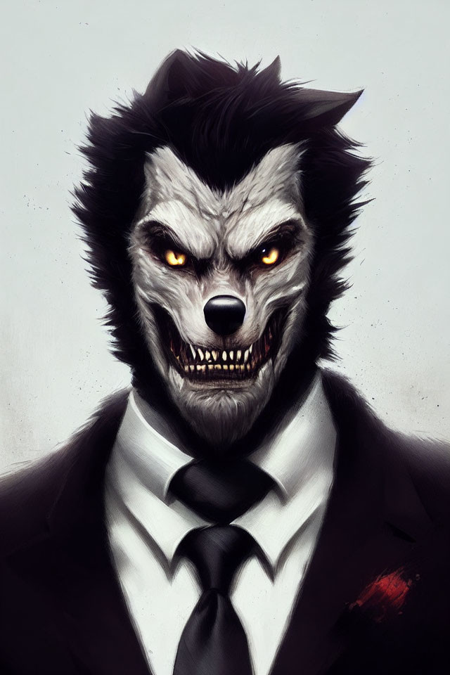 Menacing werewolf in suit with glowing eyes and bloodstained collar