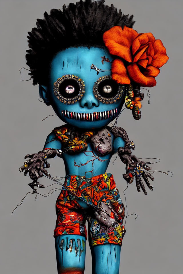 Blue-skinned figure with orange flower and vibrant shorts: A stylized artistic representation.