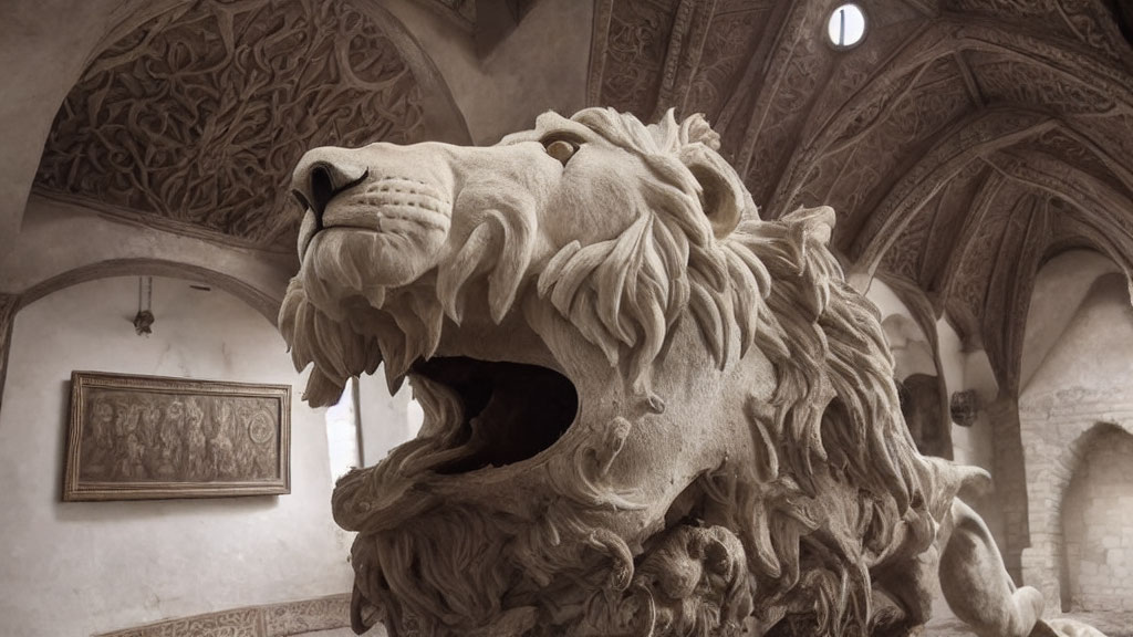 Stone lion sculpture in ornate medieval room