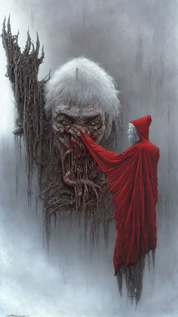 Person in red cloak confronts monstrous face with fanged mouths and white hair