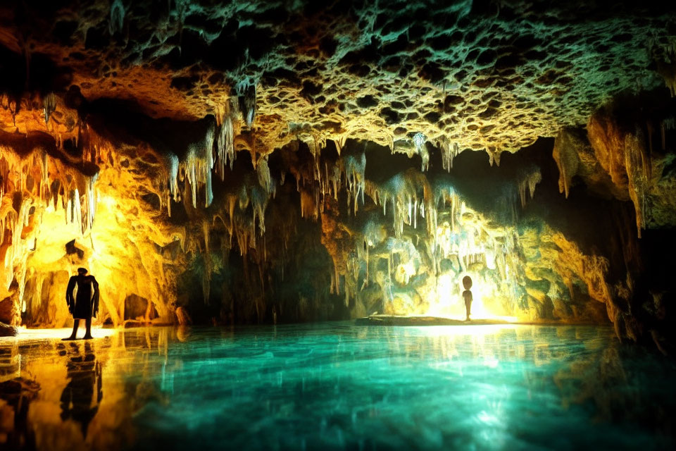 Underground cave with stalactites and tranquil water reflection