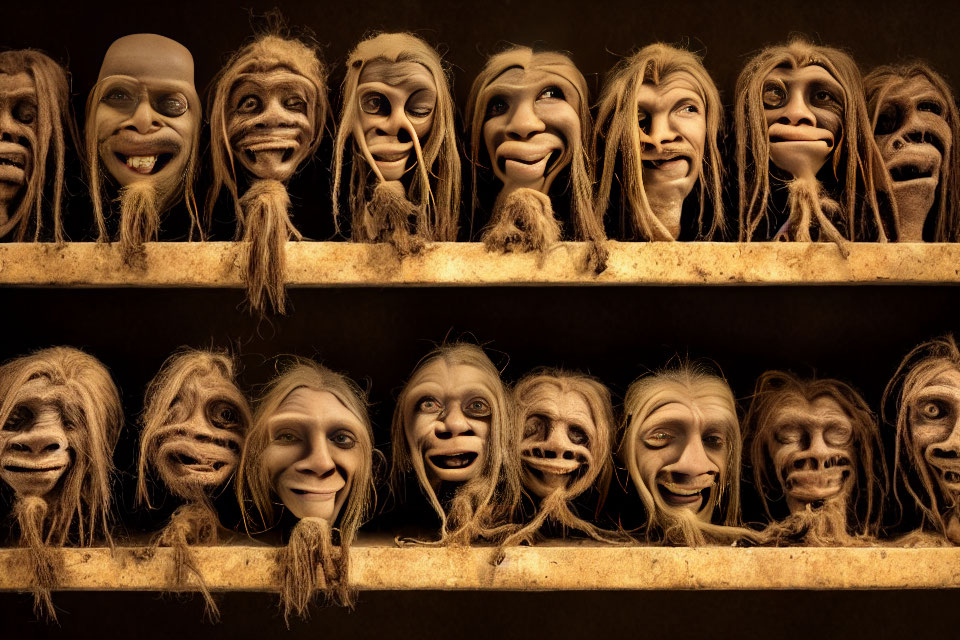 Unique stylized masks with exaggerated features on dark shelves