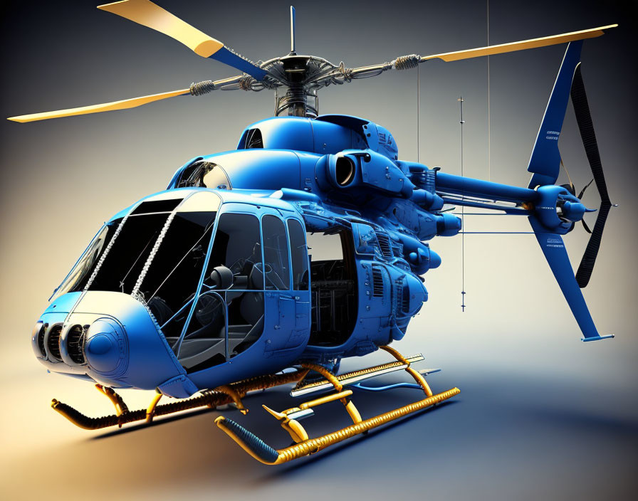 Blue twin-engine helicopter with retractable landing gear and large glazed cockpit.