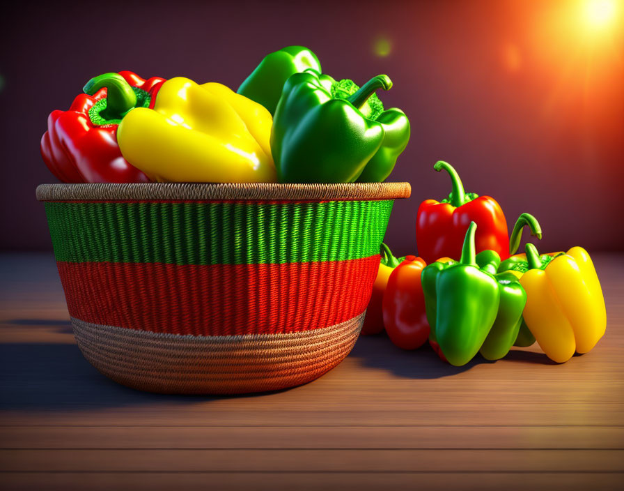 Colorful Bell Peppers in Woven Basket on Wooden Surface