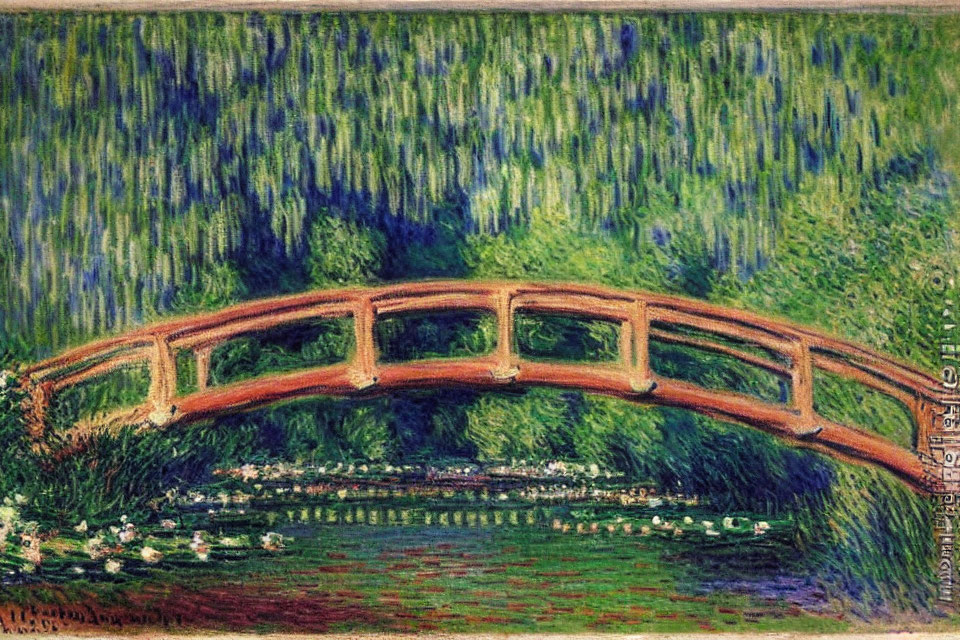 Impressionist Painting: Wooden Arch Bridge, Water Lilies, and Greenery