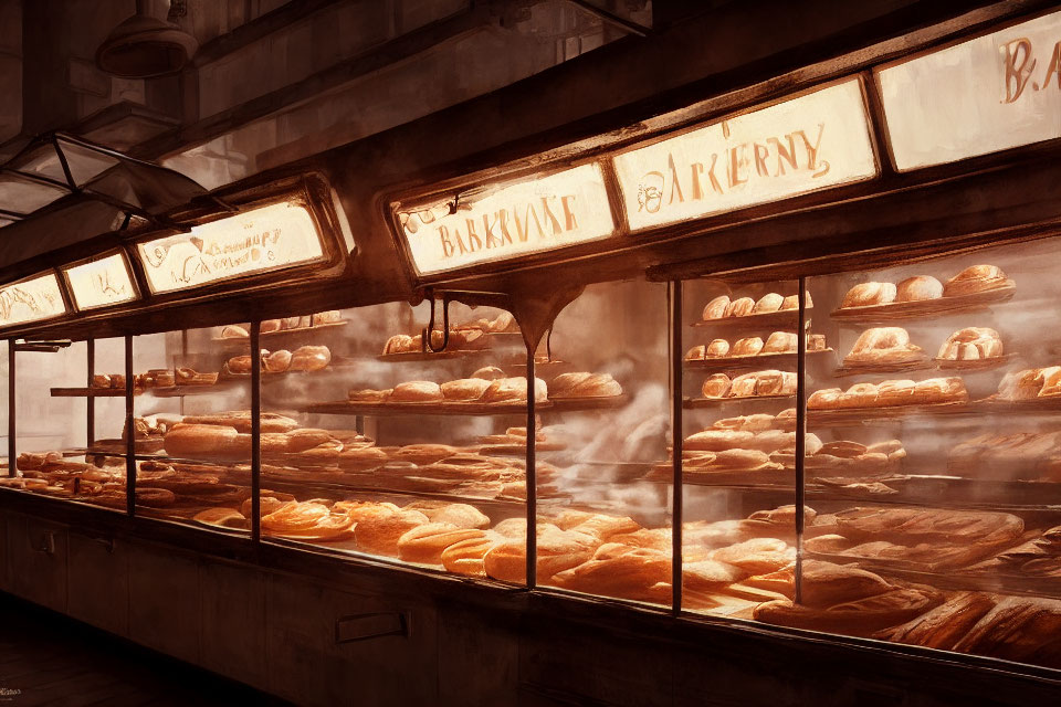 Cozy bakery interior with shelves of fresh bread and pastries