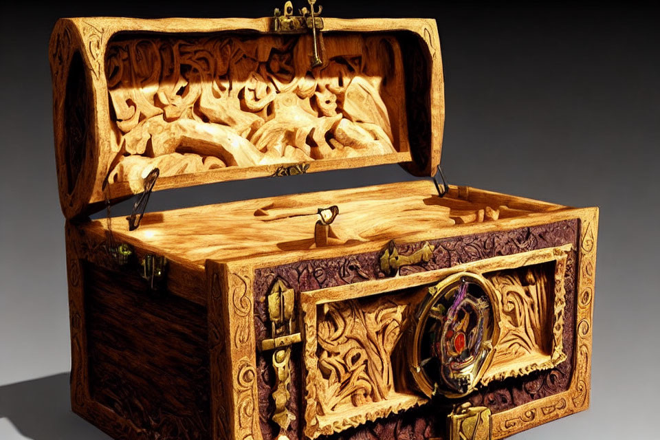 Intricately Carved Wooden Chest with Animal Figures and Colorful Emblem