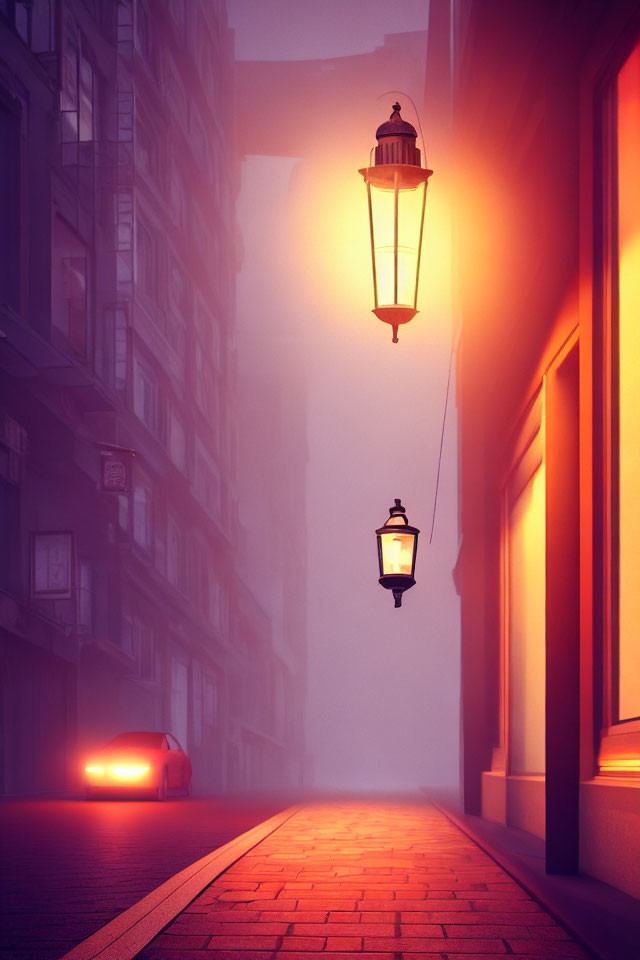 Foggy urban street at twilight with glowing street lamps and car silhouette