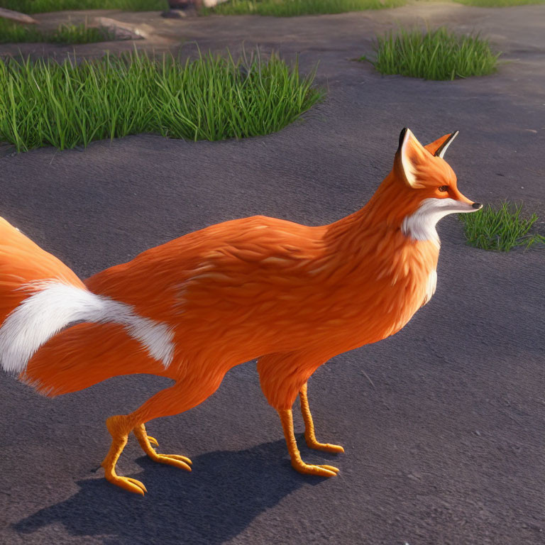 Orange Fox with White-Tipped Tail Crossing Paved Road