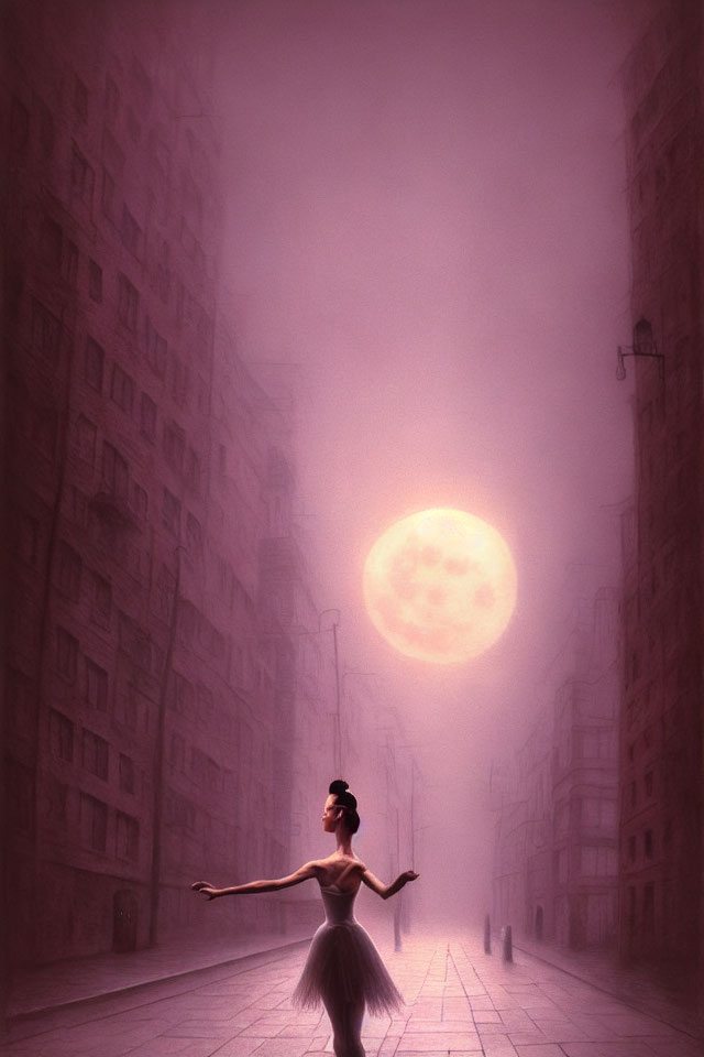 Ballerina in misty street with glowing moon