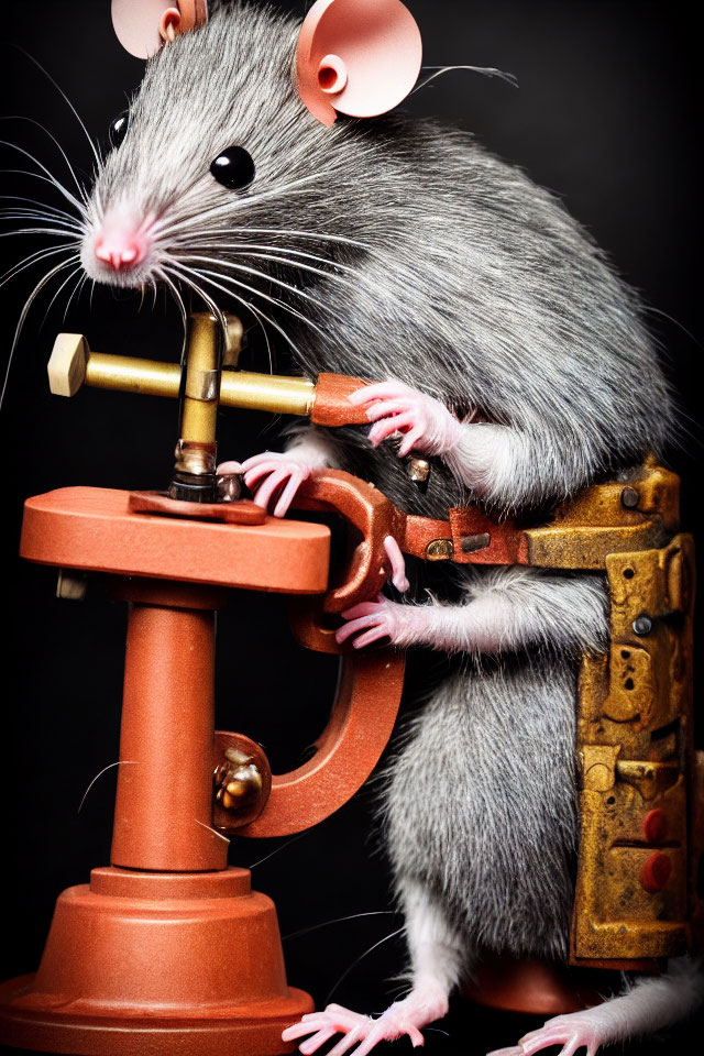 Digital artwork of rat turning valve on copper device with wrench and goggles