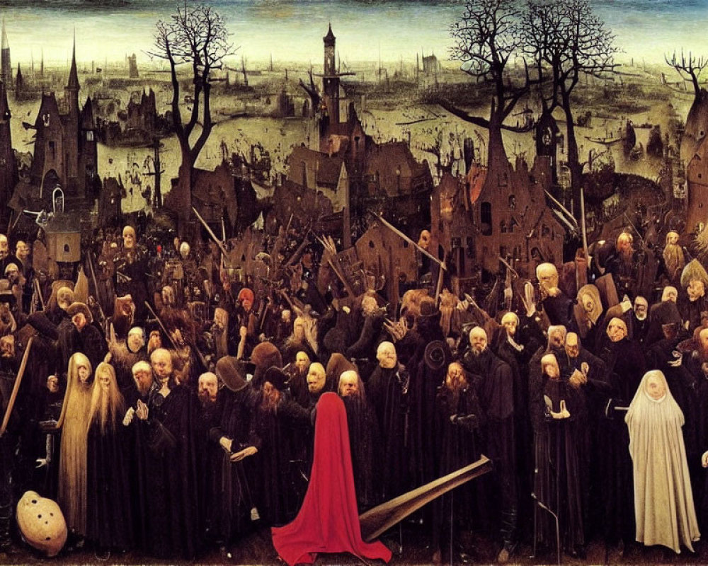 Medieval painting of robed figures with crosses in eerie landscape