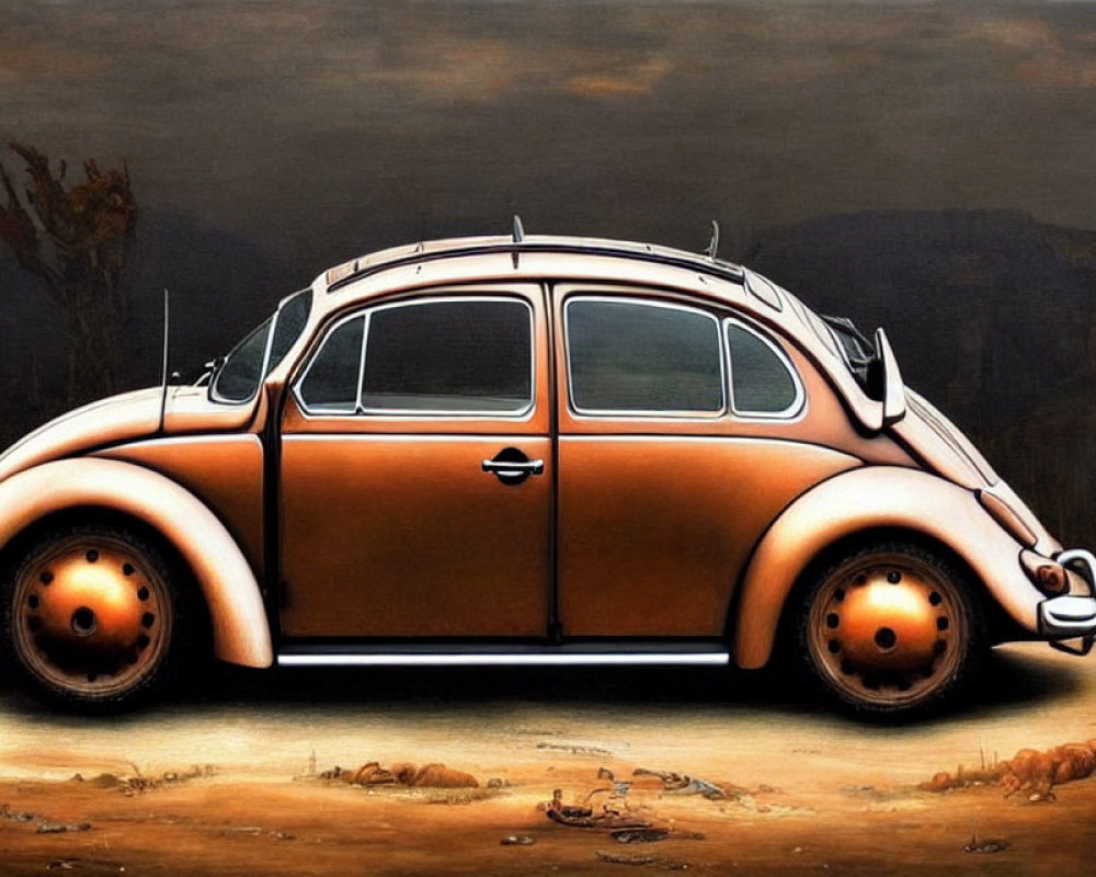 Digitally altered Volkswagen Beetle as cartoonish bug in outdoor setting