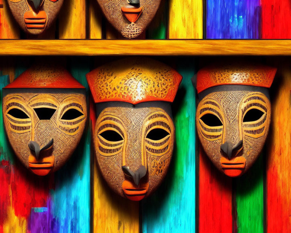 Tribal masks on colorful background with geometric pattern shelves