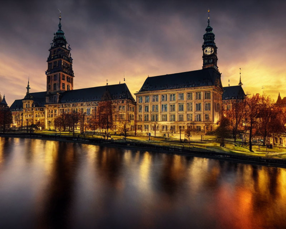 Historic building with tall spires by calm river at golden sunset