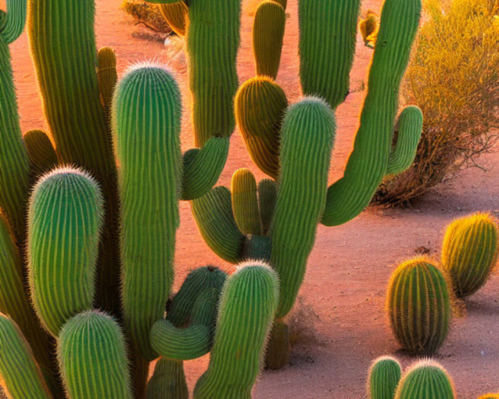 Vibrant green cacti in desert landscape at sunrise or sunset