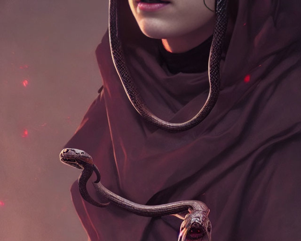 Red-eyed person with black tears in hood, snake on neck, mystical background