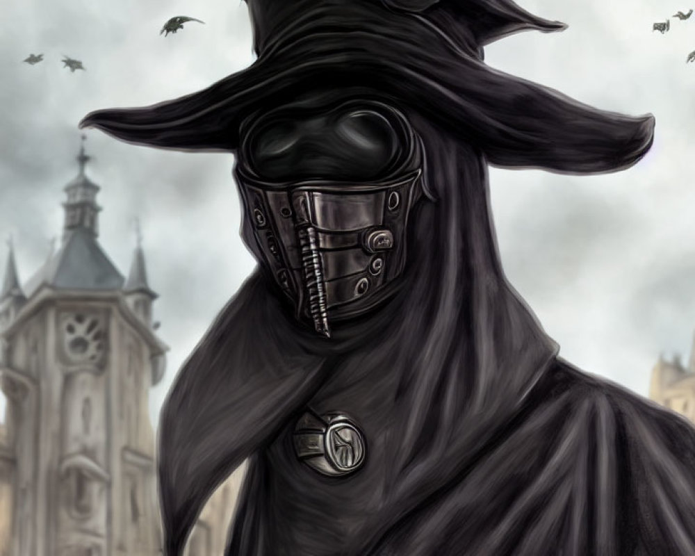 Cloaked figure in plague doctor mask at European building with clock tower.