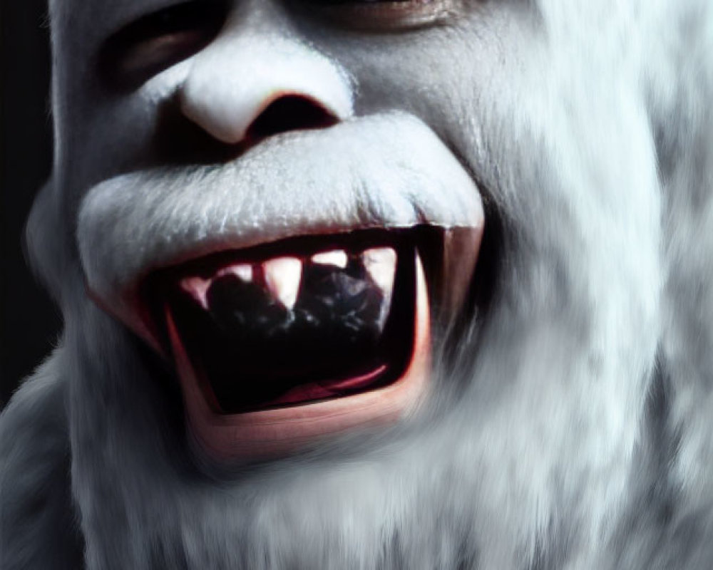 Detailed close-up of a smiling white-furred creature with sharp teeth and deep-set eyes.
