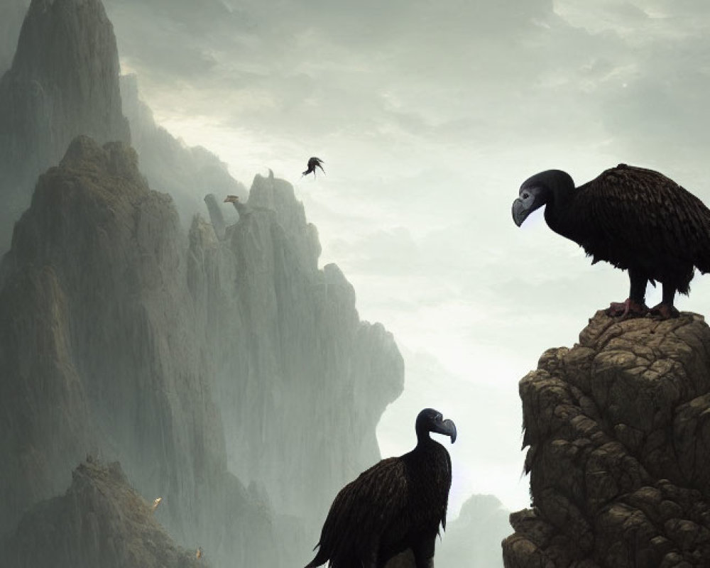 Large vulture-like birds on craggy mountains under grey sky with lone figure