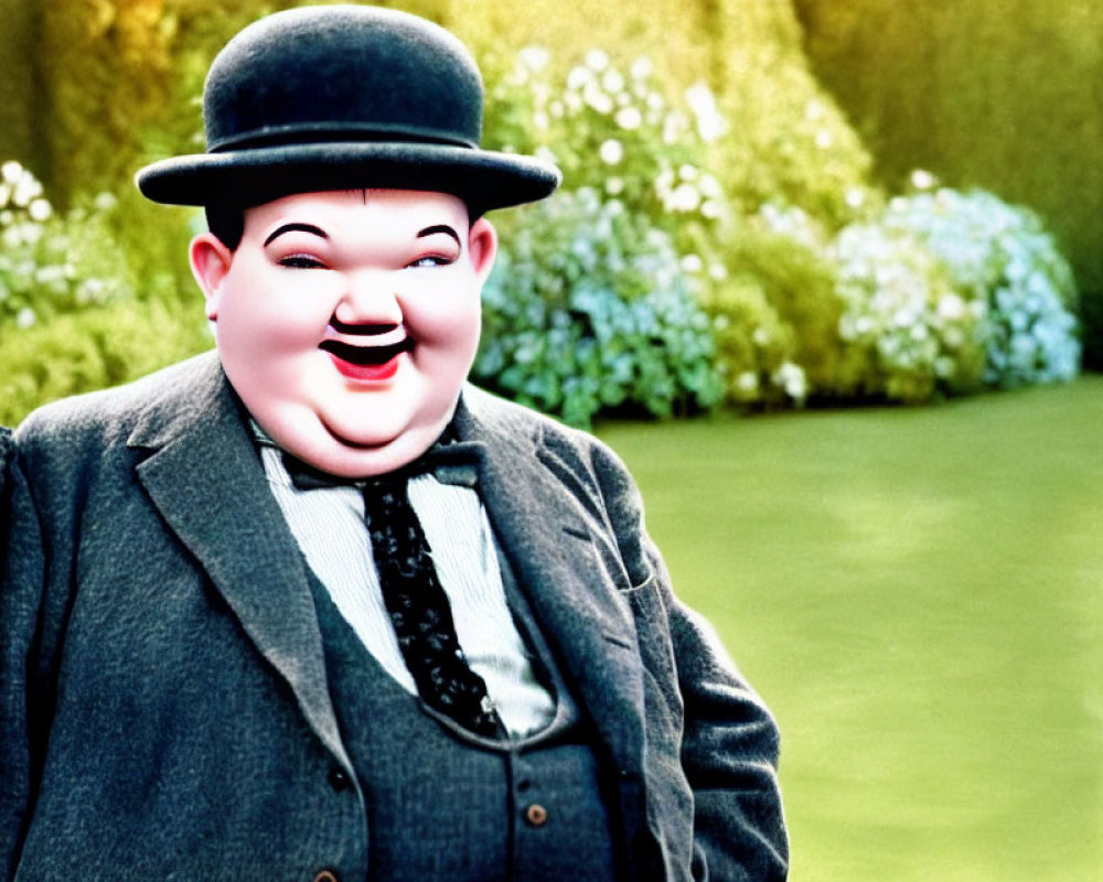 Colorized image of a portly man in a bowler hat and suit in a garden